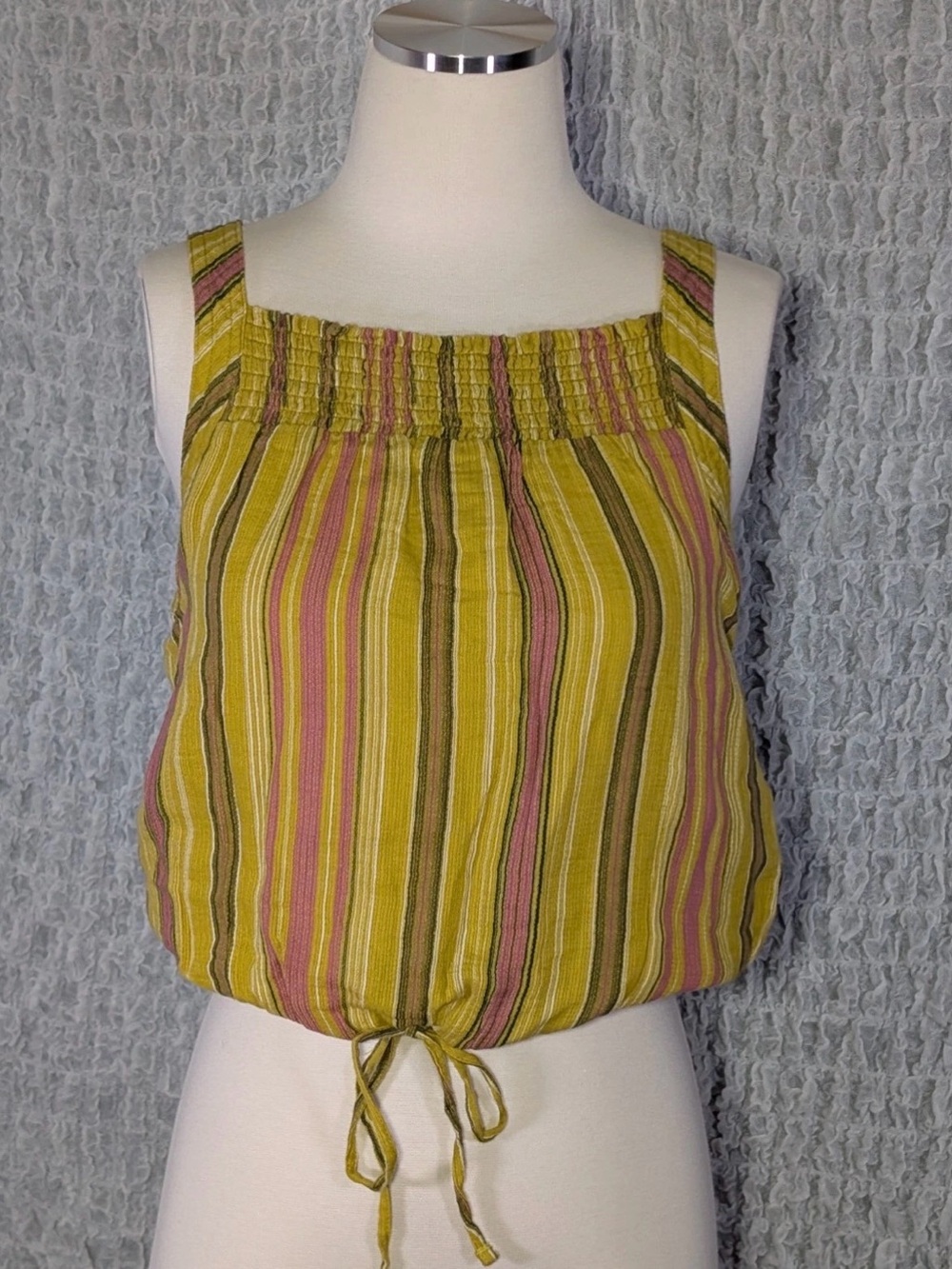 NWOT Prana 100% Cotton Striped Smocked Drawstring Tank Top - Yellow Pink